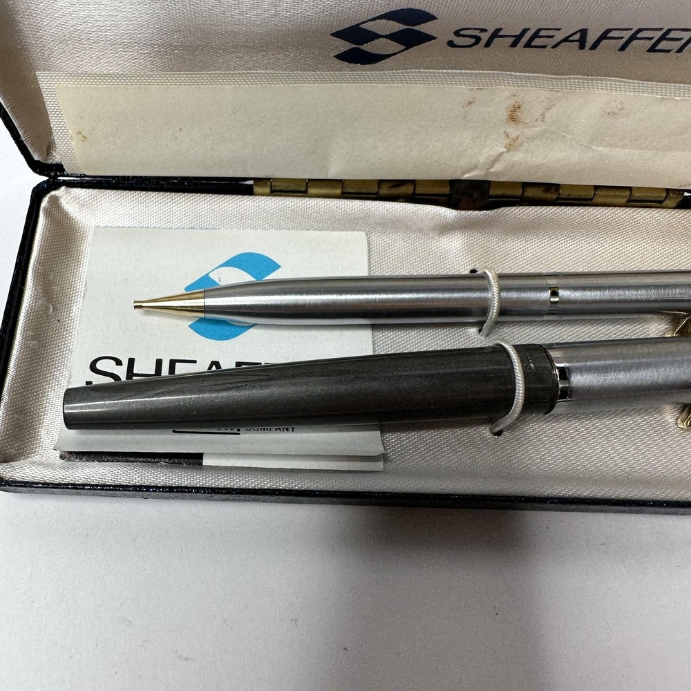 Vintage Sheaffer Silver Fountain Pen & Ballpoint Pen Set W Case Made In USA - Picture 2 of 11